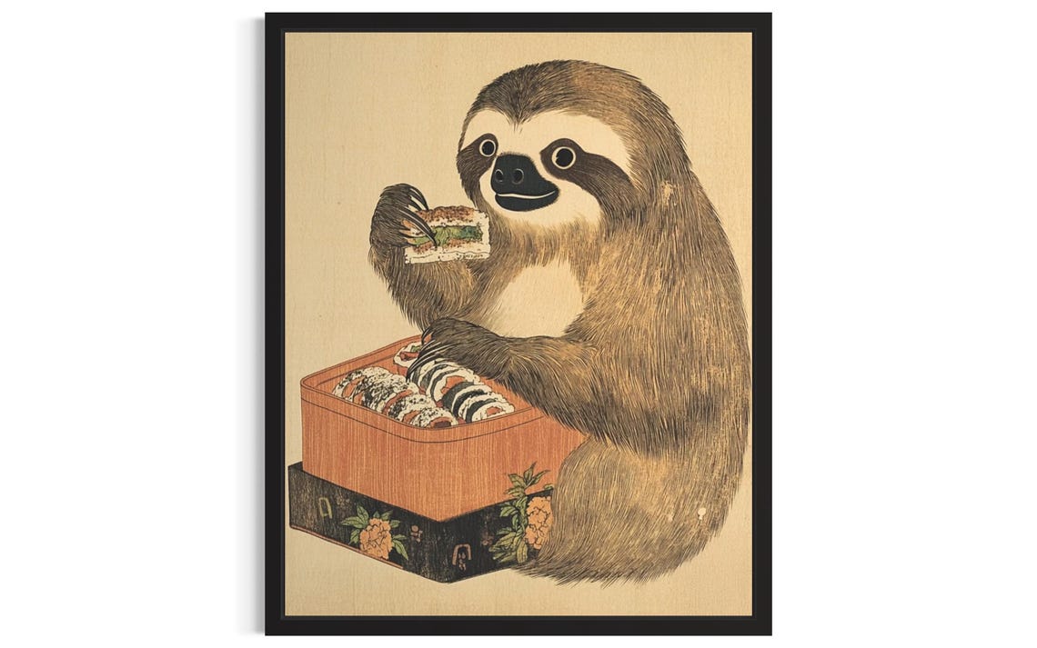 Sloth Animal Kitchen Sushi Poster Art Print Wall Original Painting Artwork Decor