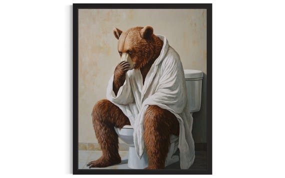 Brown Bear Animal Restroom Poster Art Print Bathroom Wall Original Painting Artwork Decor