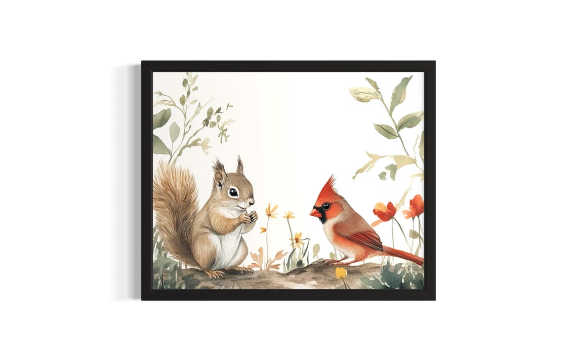 Cheerful Squirrel and Red Cardinal on a Branch Watercolor Poster
