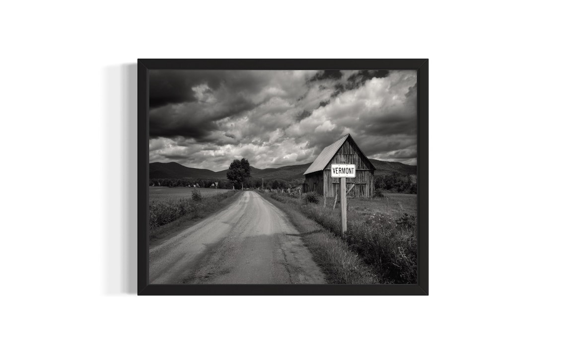 Vermont Vintage Black and White Barn Road Sign Rural Photo Poster