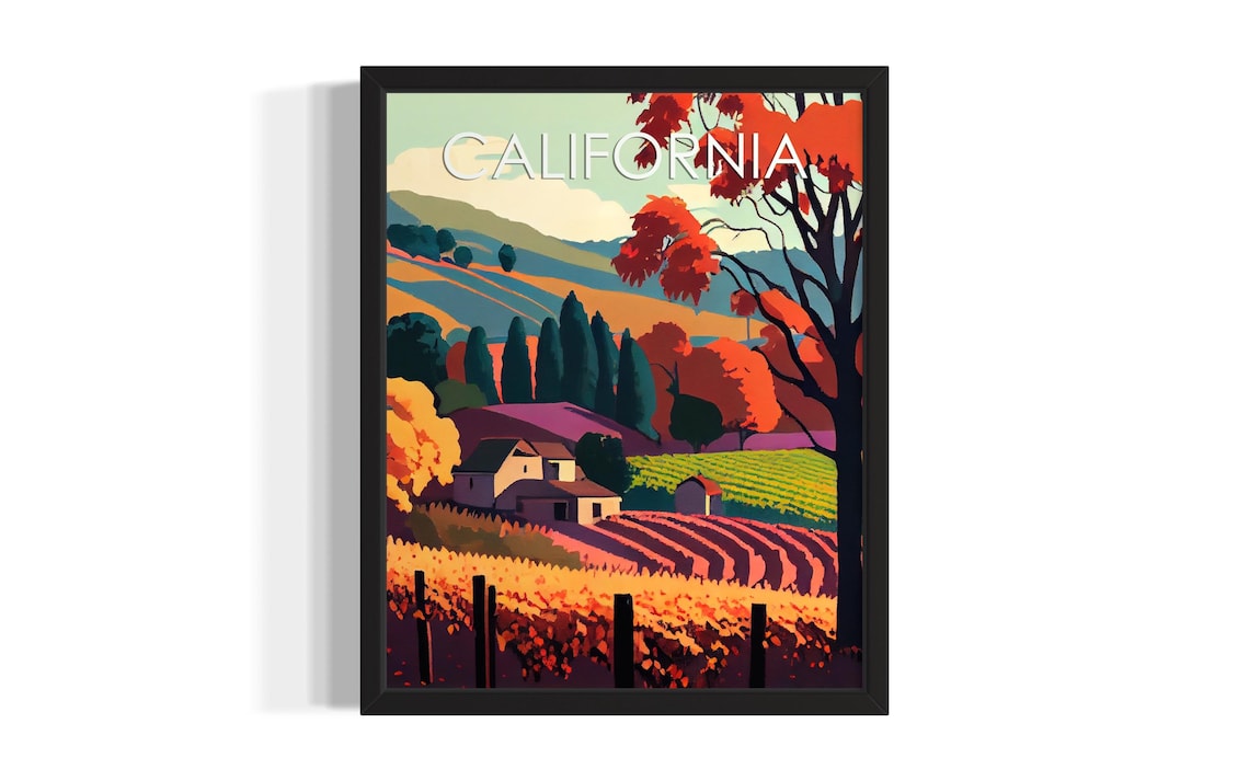 California Vineyard Autumn Harvest Hills Vintage Travel Poster
