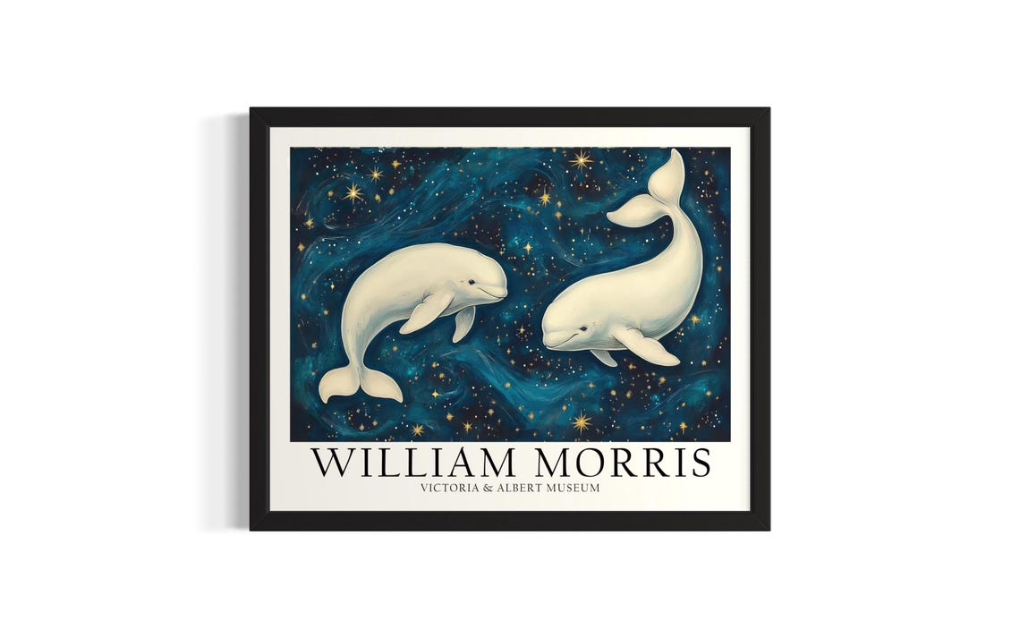 Two Beluga Whales in a Teal Starry Night William Morris Art Poster