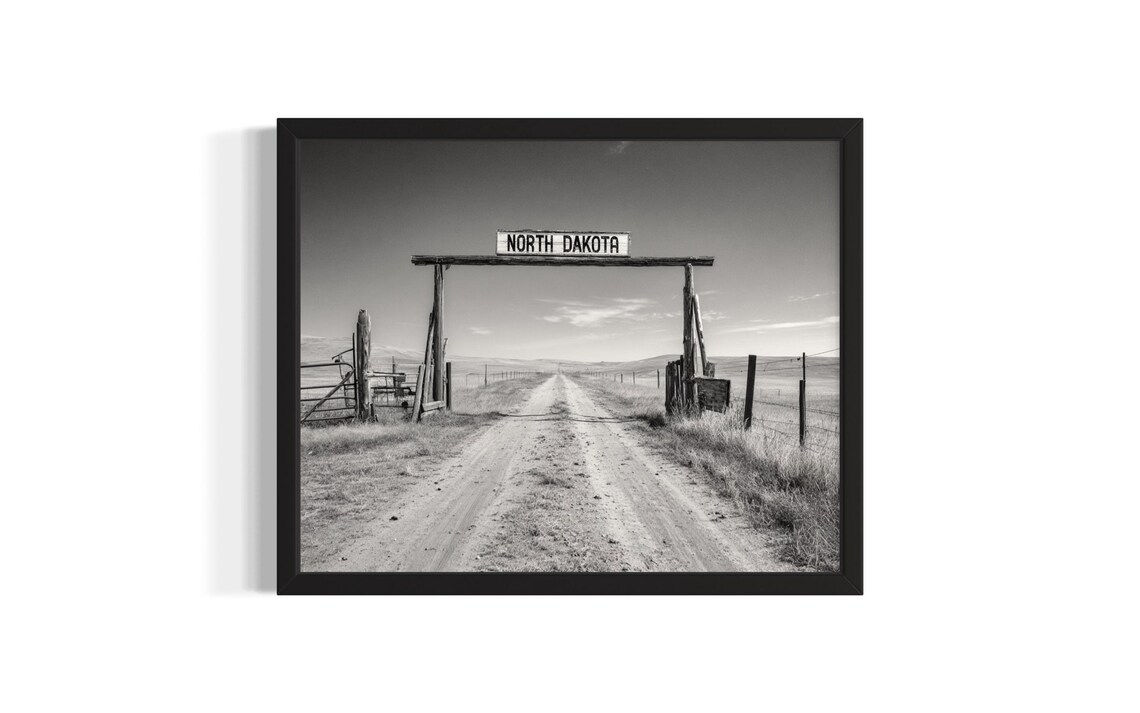 North Dakota Ranch Gate Prairie Road Black And White Photo Poster