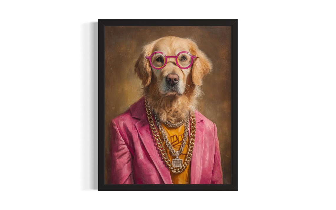 Golden Retriever Hip Hop Portrait Pink Glasses Blazer Diamond Poster