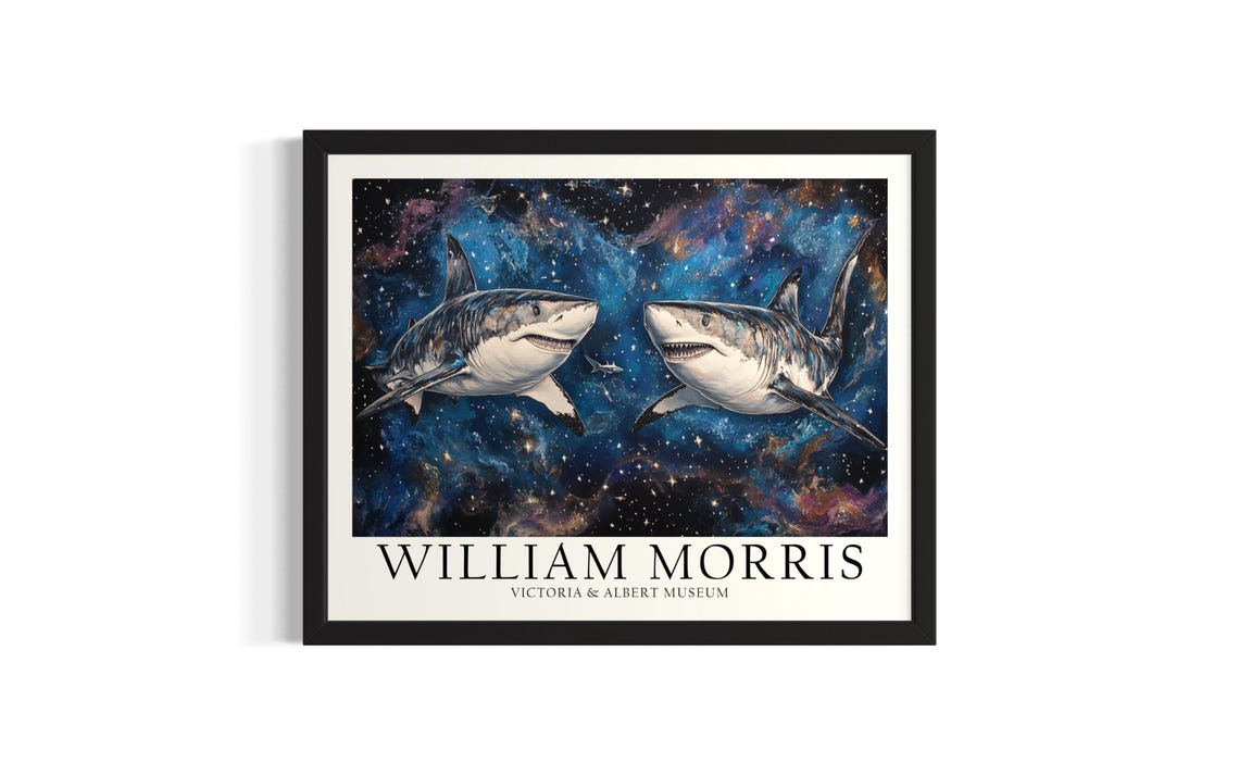 Two Great White Sharks in a Starry Cosmos William Morris Art Poster