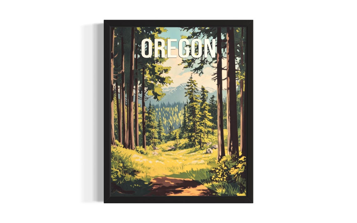 Oregon Tall Pine Forest Mountain Valley Sunlit Trail View Poster