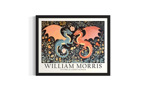 Two Winged Dragons Among Wildflowers William Morris Inspired Art Poster