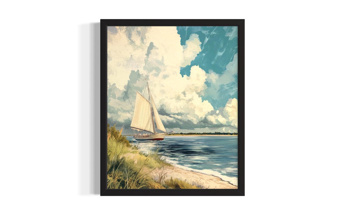 Maryland Eastern Shore Sailboat Beach Cloudy Sky Vintage Style Poster
