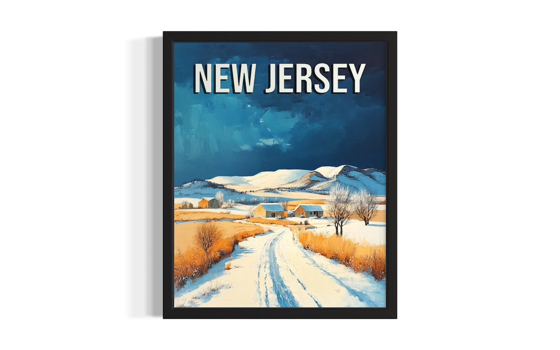 New Jersey Snowy Winter Farm Landscape with Red Barns Travel Poster