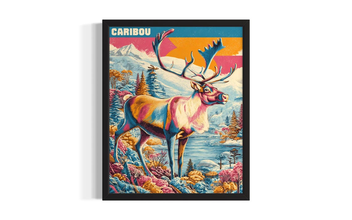 Caribou Arctic Mountain Snow Colorful Pop Art Wildlife Poster