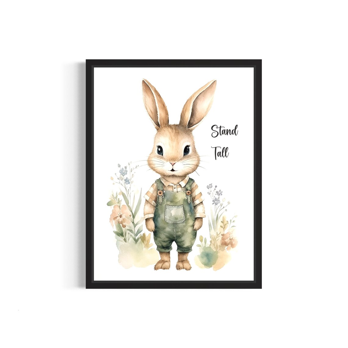 Little Bunny Stand Tall in Overalls Watercolor Nursery Poster