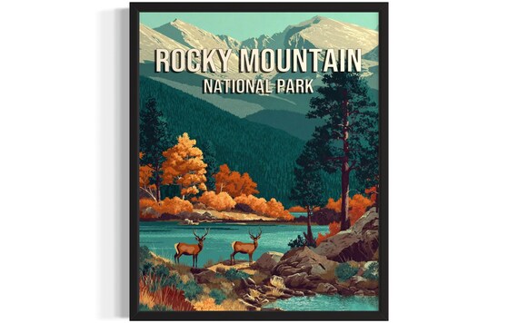 Rocky Mountain National Park Alpine Peaks Lake and Elk Vintage Poster