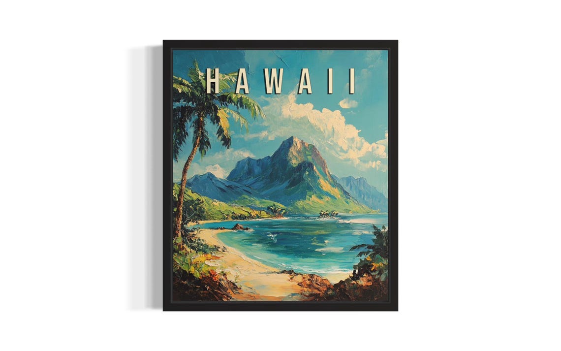 Vintage Hawaii Beach With Palm Tree Mountain Retro Travel Poster