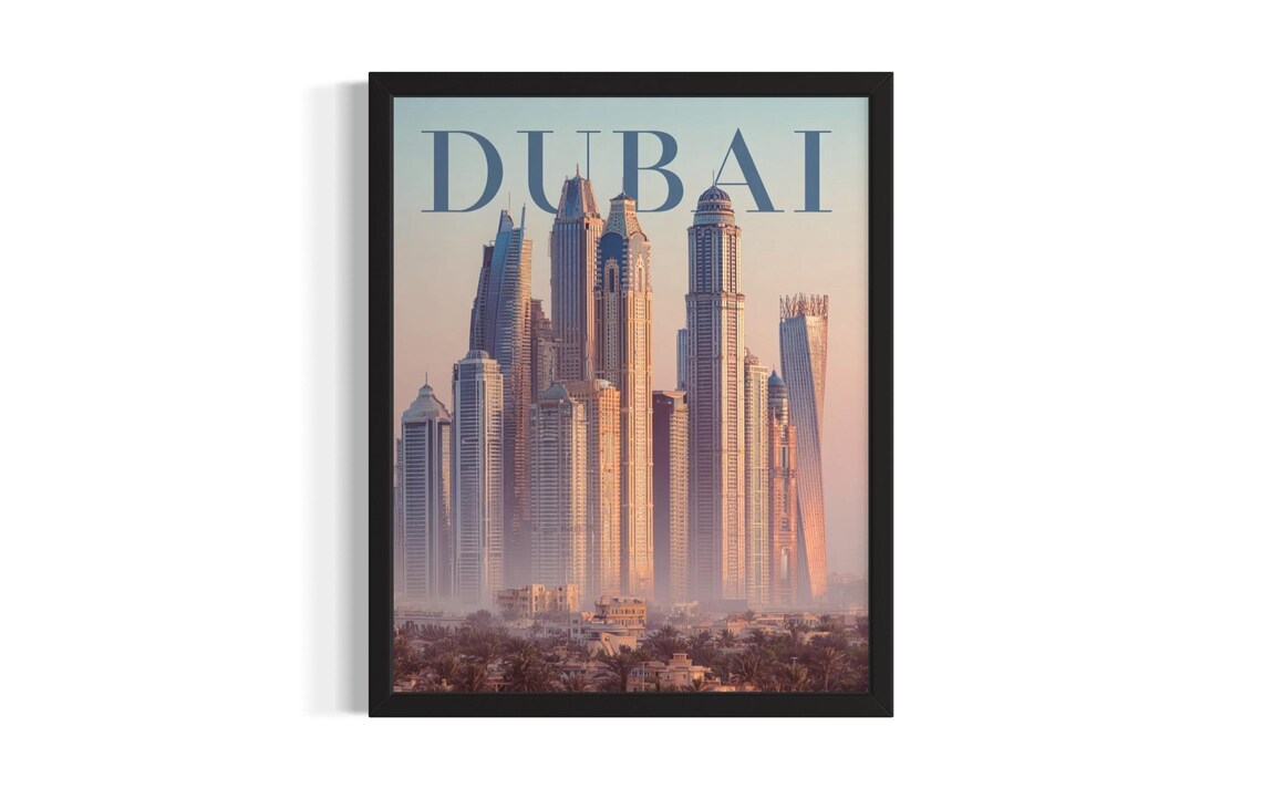 Dubai Marina Skyscrapers Sunset UAE City Travel Vintage Poster