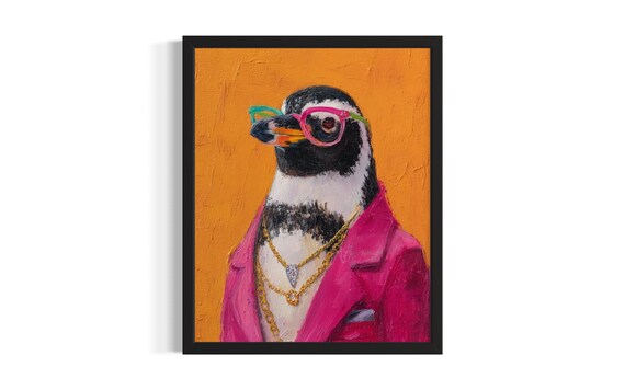 Funky Penguin in Pink Suit with Pink Glasses and Gold Necklaces Poster