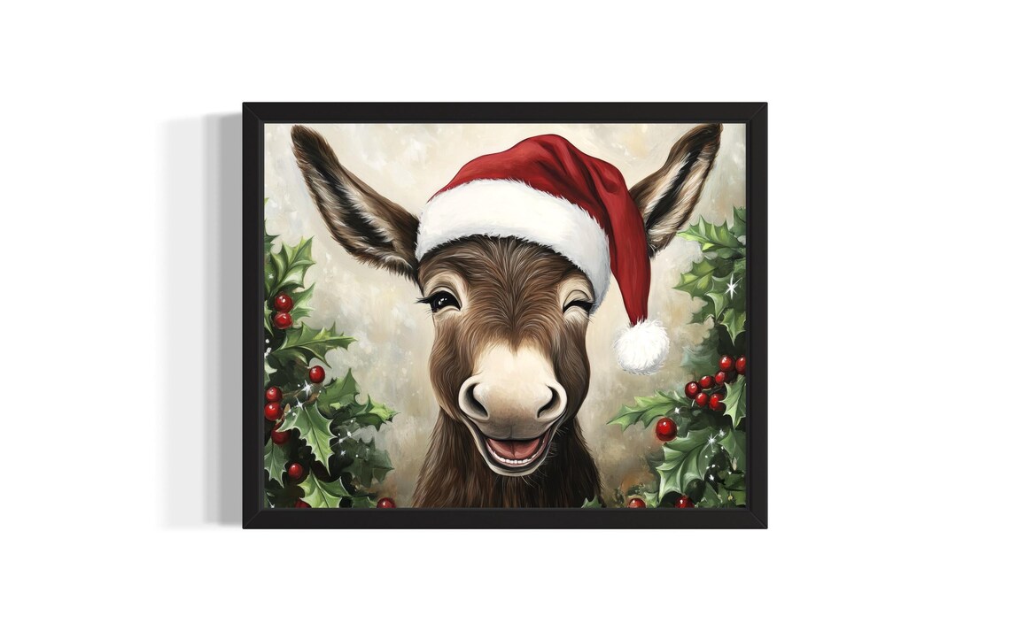 Happy Donkey in Santa Hat with Holly Berries Christmas Painting Poster