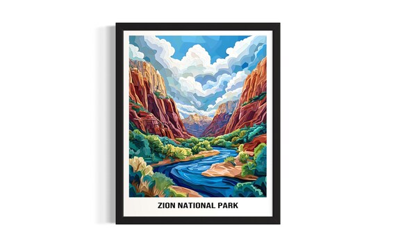 Zion National Park Paper Cut Red Canyon River View Travel Poster