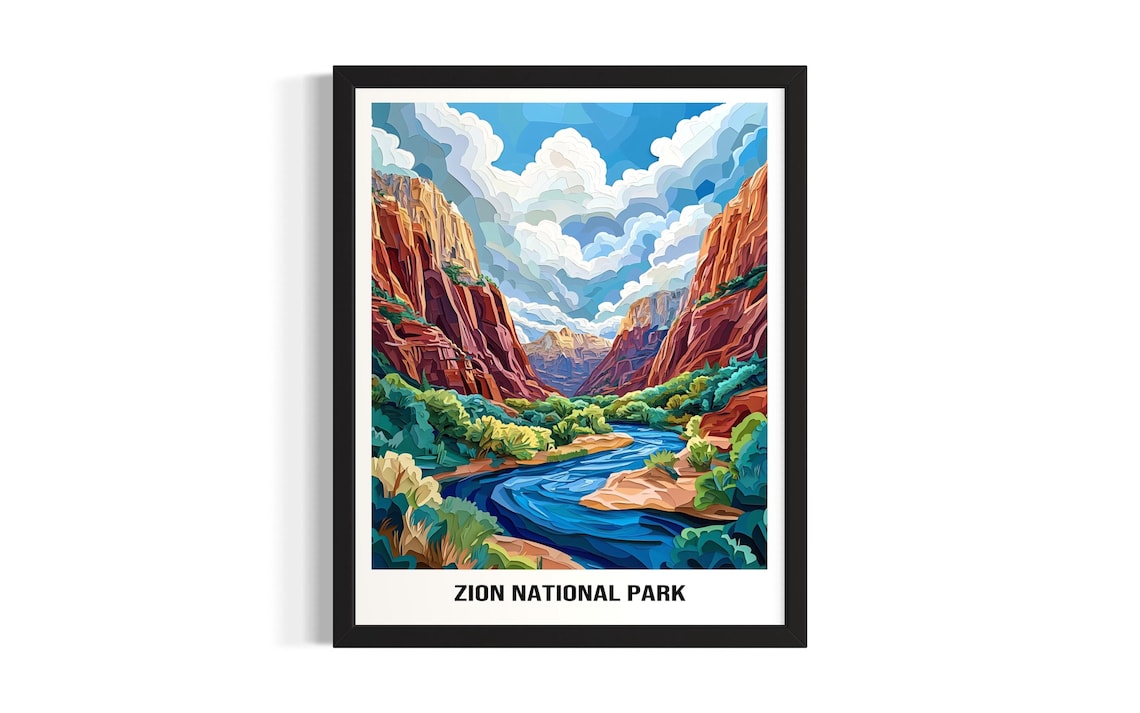 Zion National Park Paper Cut Red Canyon River View Travel Poster