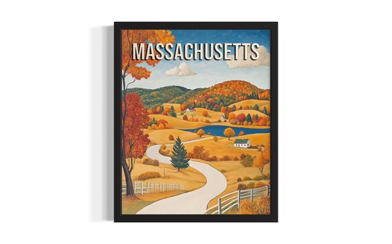 Massachusetts Autumn Valley Winding Road Lake Fall Foliage Style Poster