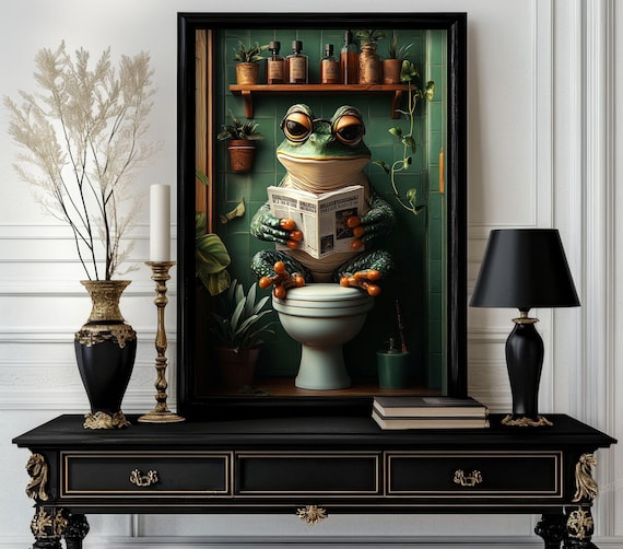 Funny Bathroom Frog Poster Animal On Toilet Wall Art Gag Gift For Guest Quirky Decor White Elephant 77