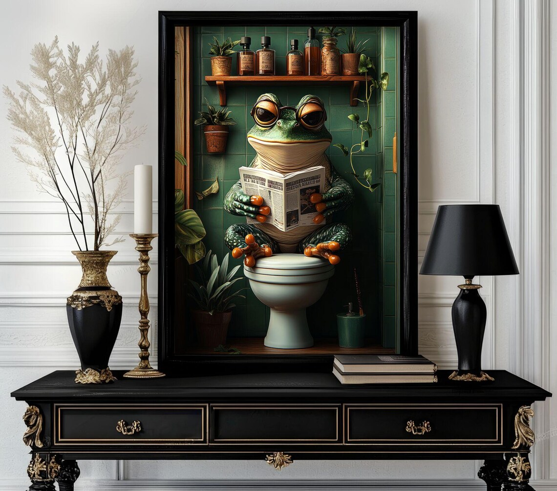 Frog Wearing Round Glasses Reading Newspaper on Toilet Poster