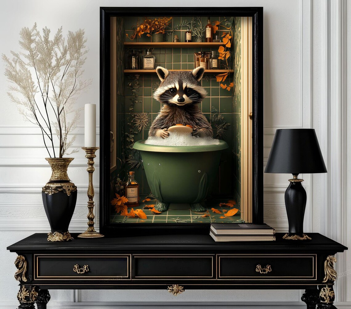 Raccoon in Vintage Green Bathtub Bubble Bath Funny Bathroom Poster