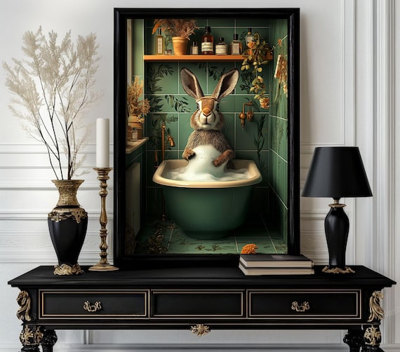 Funny Bathroom Rabbit Poster Animal On Toilet Wall Art Gag Gift For Guest Quirky Decor White Elephant 248