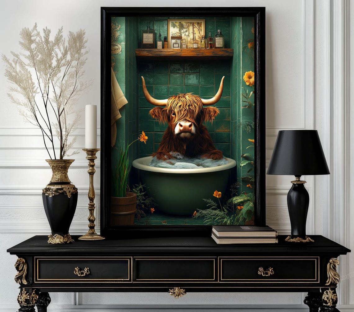 Highland Cow in Bubble Bath with Marigolds Funny Animal Poster