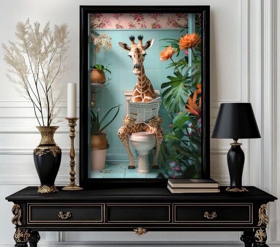 Funny Bathroom Giraffe Poster Animal On Toilet Wall Art Gag Gift For Guest Quirky Decor White Elephant 23