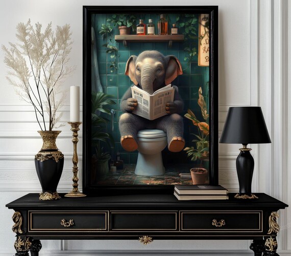 Funny Bathroom Elephant Poster Animal On Toilet Wall Art Gag Gift For Guest Quirky Decor White 227