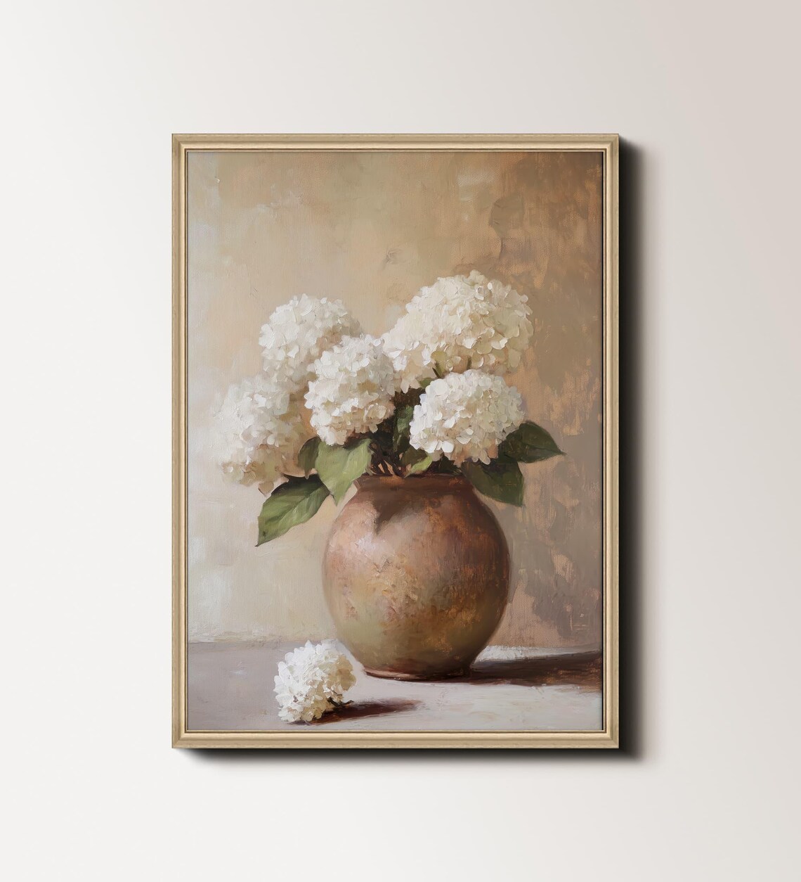 White Hydrangea Art Print, Neutral Farmhouse Floral