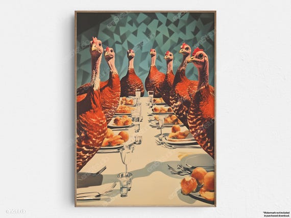Turkey Family Thanksgiving Feast Original Midcentury Modern Minimalist Wall Art