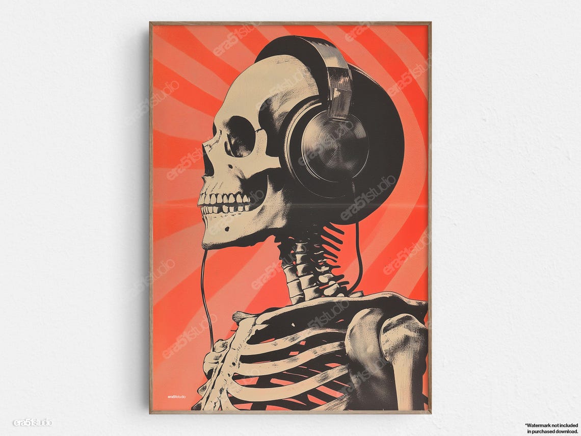 Skeleton Wearing Headphones Retro Orange Skull Music Lover Poster