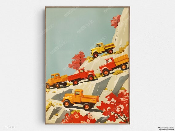 Vintage Toy Trucks Original Midcentury Modern Minimalist Wall Art