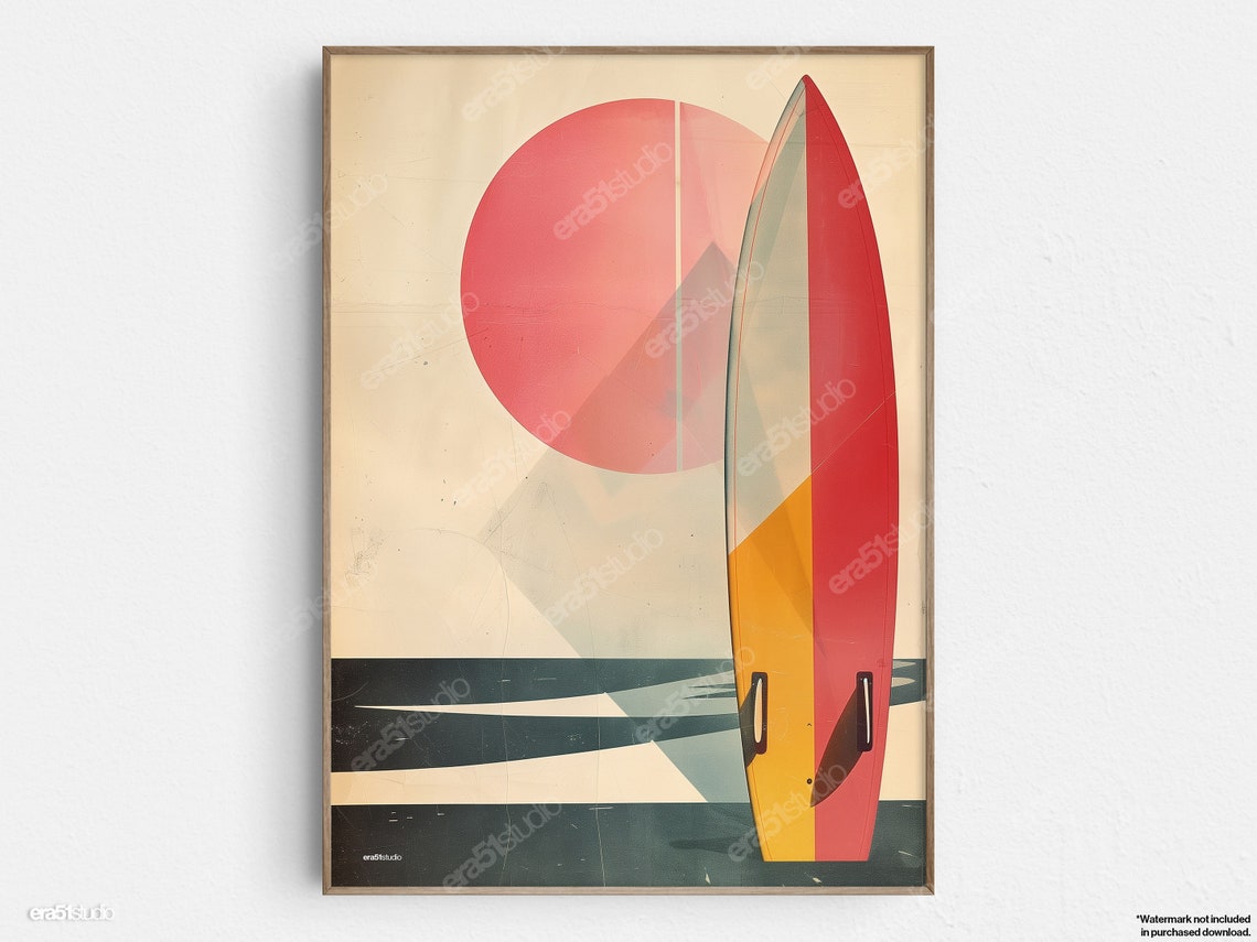Sunset Surfboard Silhouette Original Midcentury Modern Minimalist Wall Art