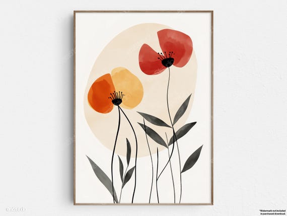 Orange Red Wildflowers Original Midcentury Modern Minimalist Wall Art