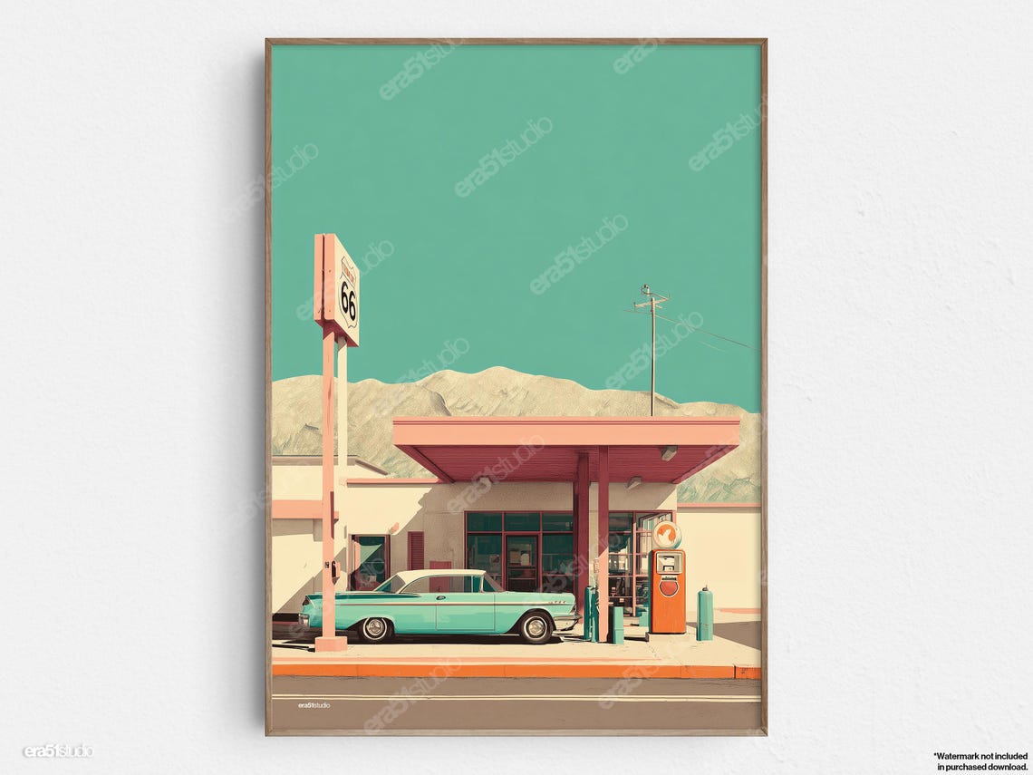 Vintage Route 66 Gas Station Original Midcentury Modern Minimalist Wall Art