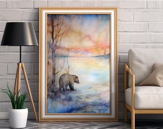 Bear By Misty Lake Watercolor Art Print Golden Sunset Wildlife Nature Poster