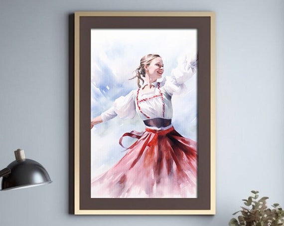 Austrian Girl Dancing Watercolor Print Original Painting Watercolour Woman Dancing Young Woman Austria Folk Dance