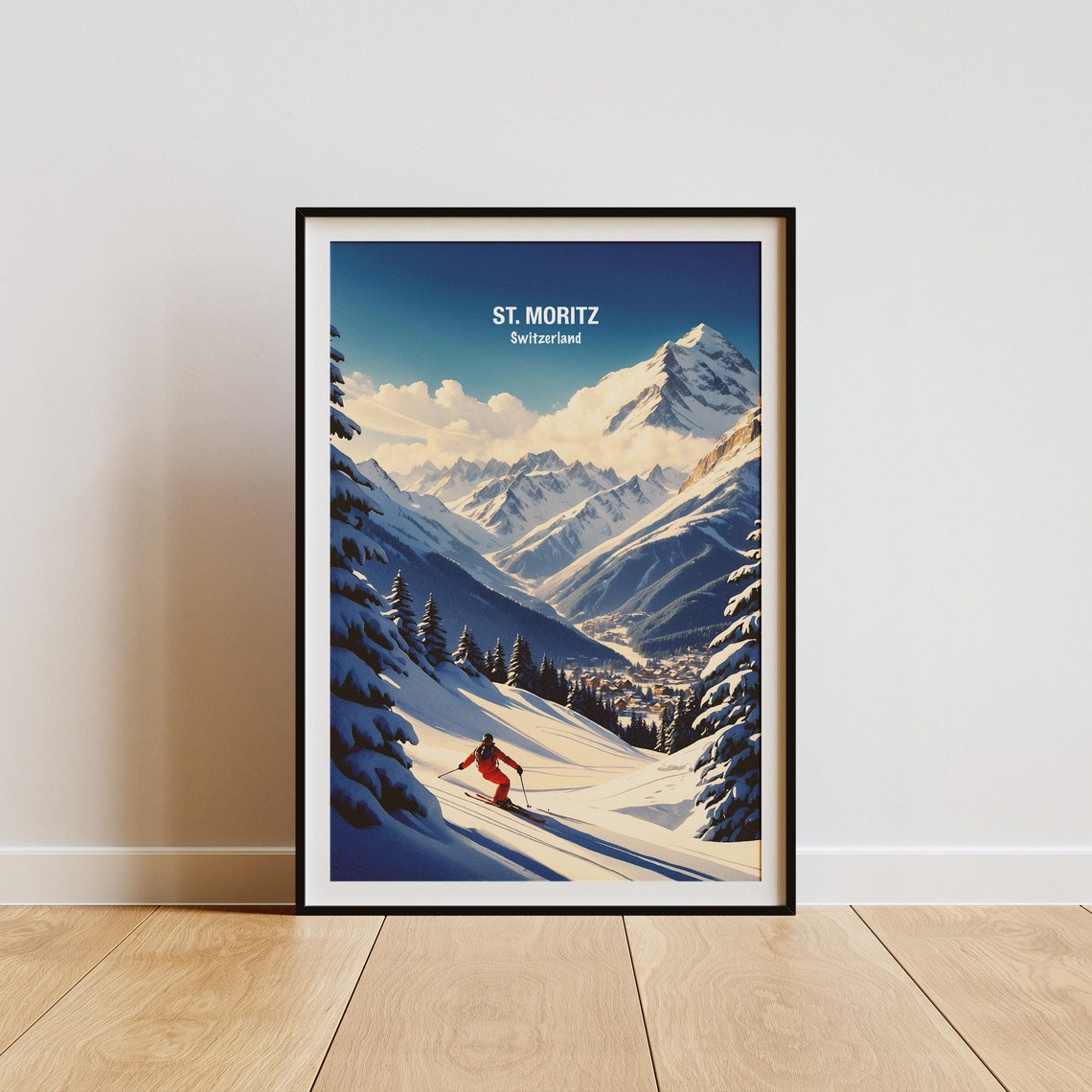 St Moritz Switzerland Alpine Skier Powder Slope Peaks Poster