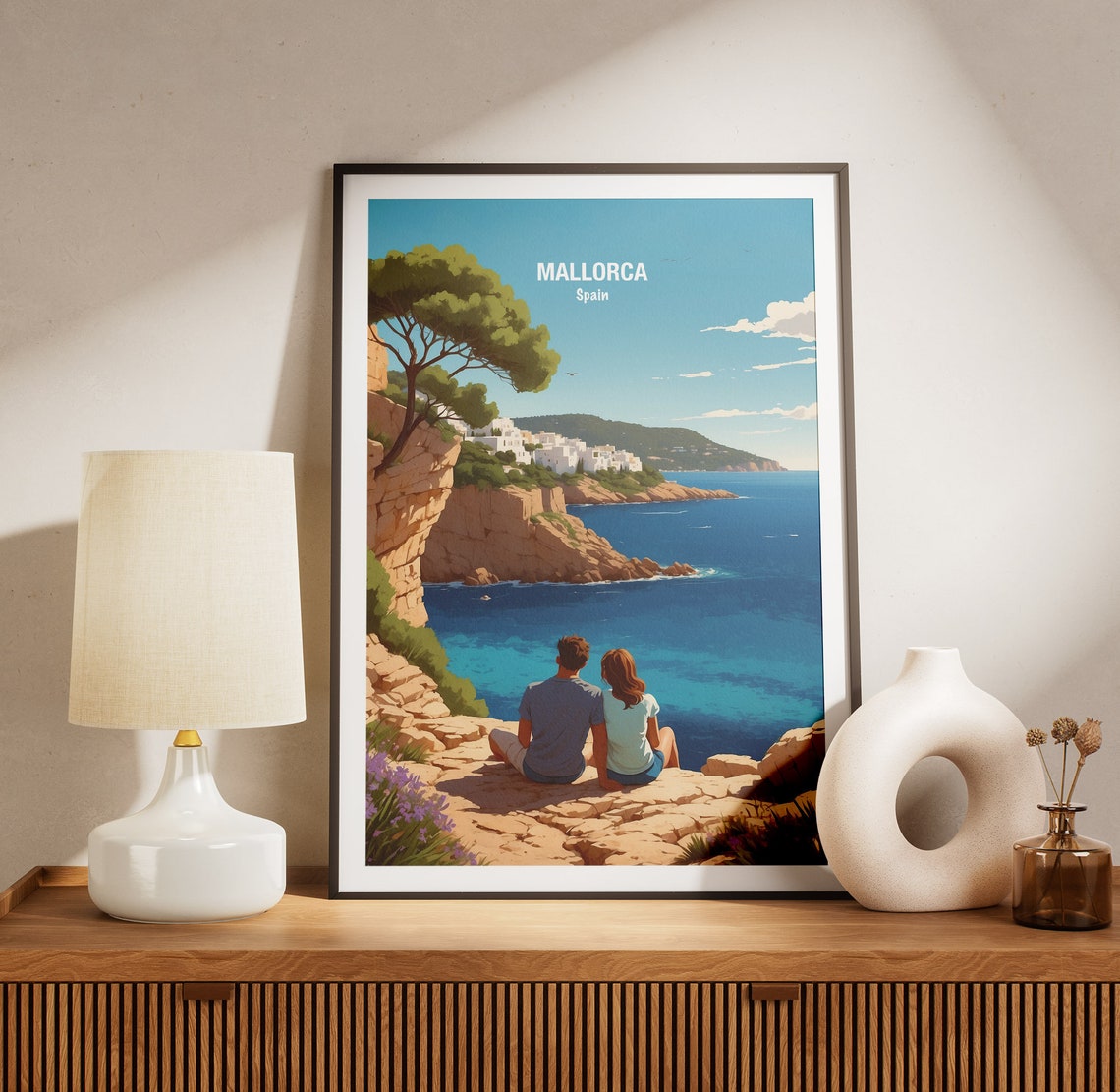 Mallorca Spain Rocky Cliffside Couple Deep Blue Sea View Poster - Image 3