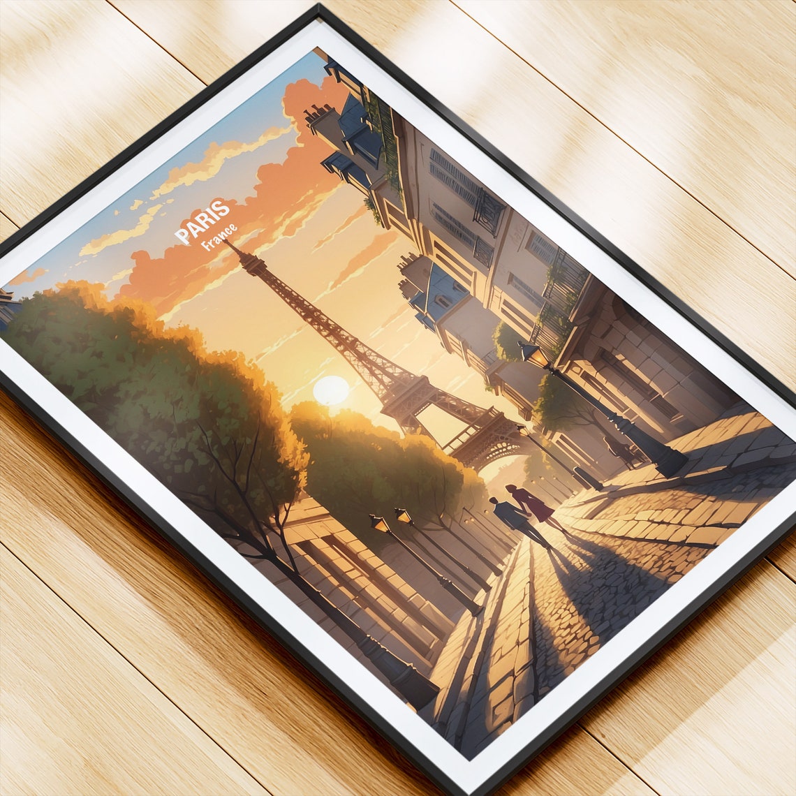 Paris Eiffel Tower Golden Sunset Boulevard Strolling Couple Poster - Image 4
