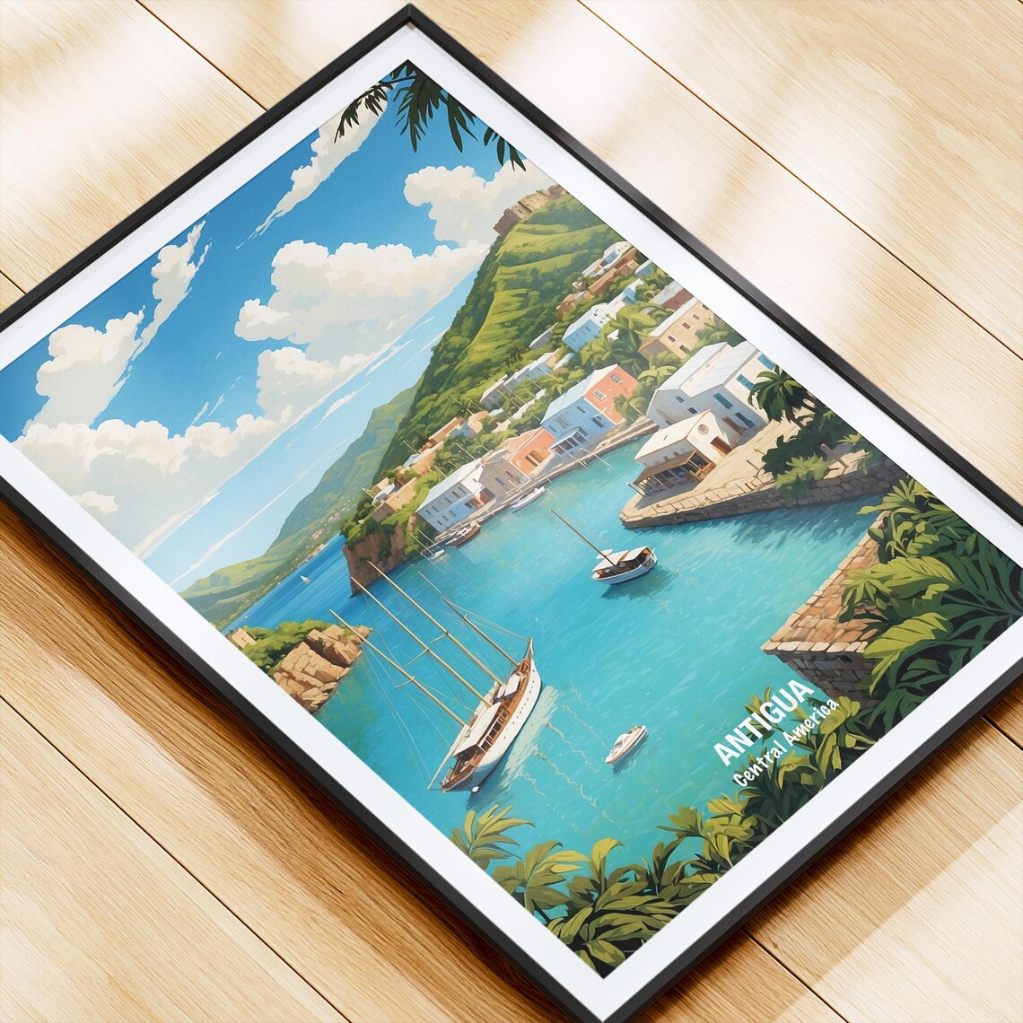 Antigua Central America Harbor Sailboats Hillside Town Poster - Image 4