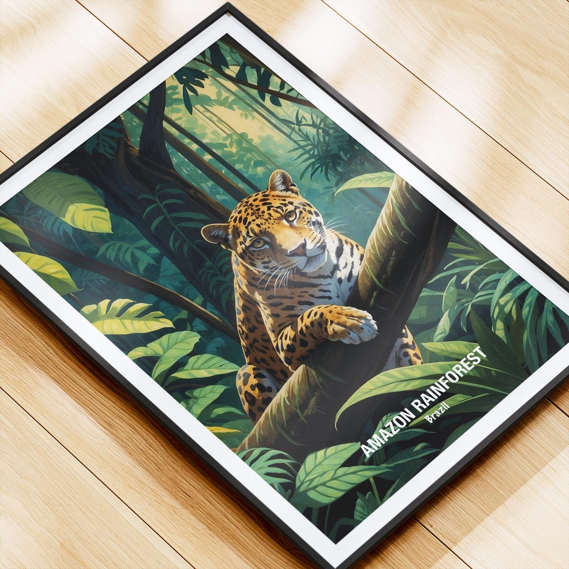Amazon Rainforest Jaguar Resting On Branch Wildlife Art Poster - Image 4