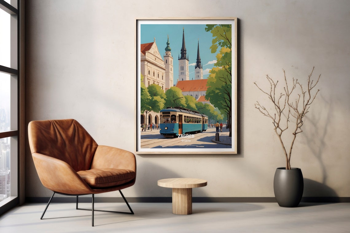 Zagreb Croatia Vintage Blue Tram Cathedral Square Daytime Poster - Image 2