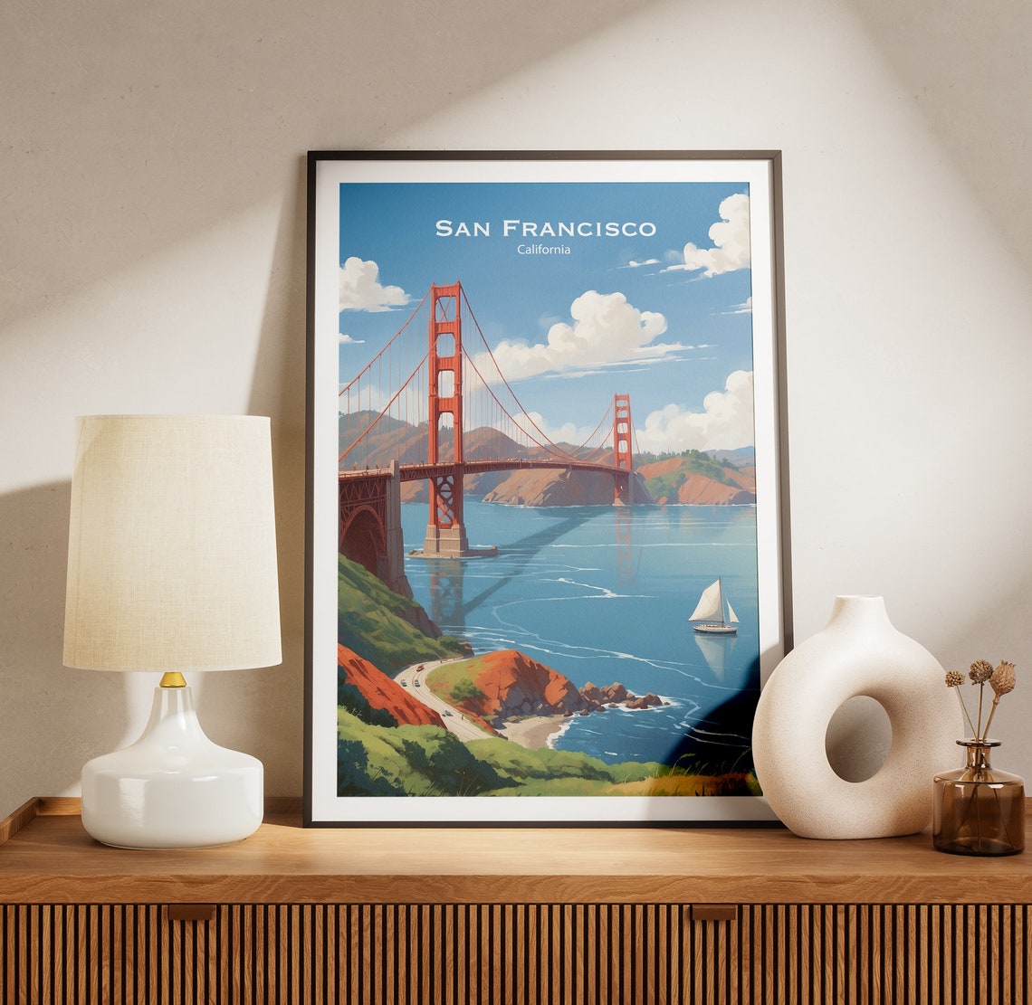 San Francisco California Golden Gate Bridge With A Sailboat Poster - Image 3