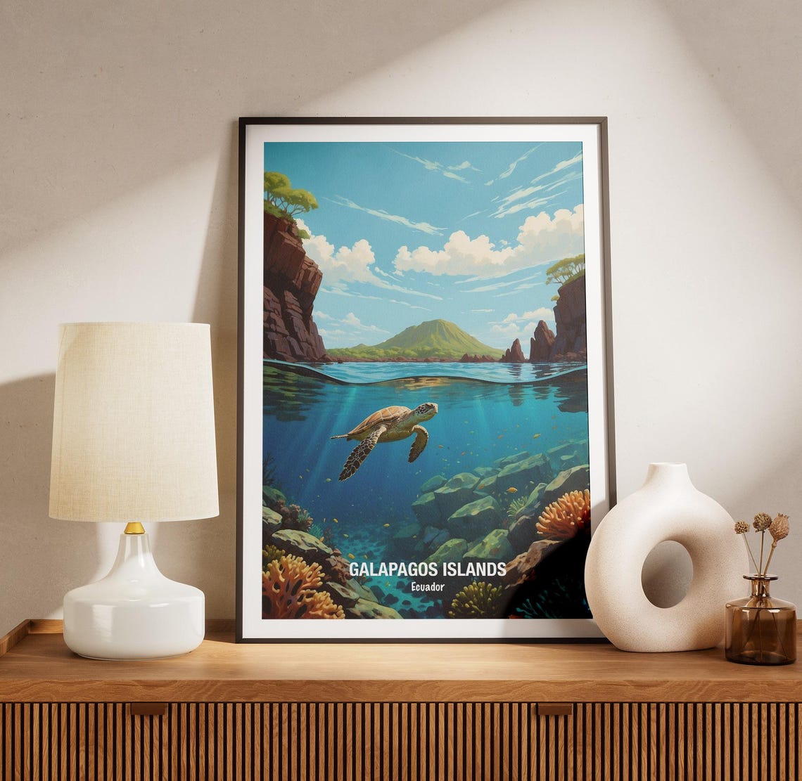 Galapagos Islands Sea Turtle Over Coral Reef Ecuador Art Poster - Image 3