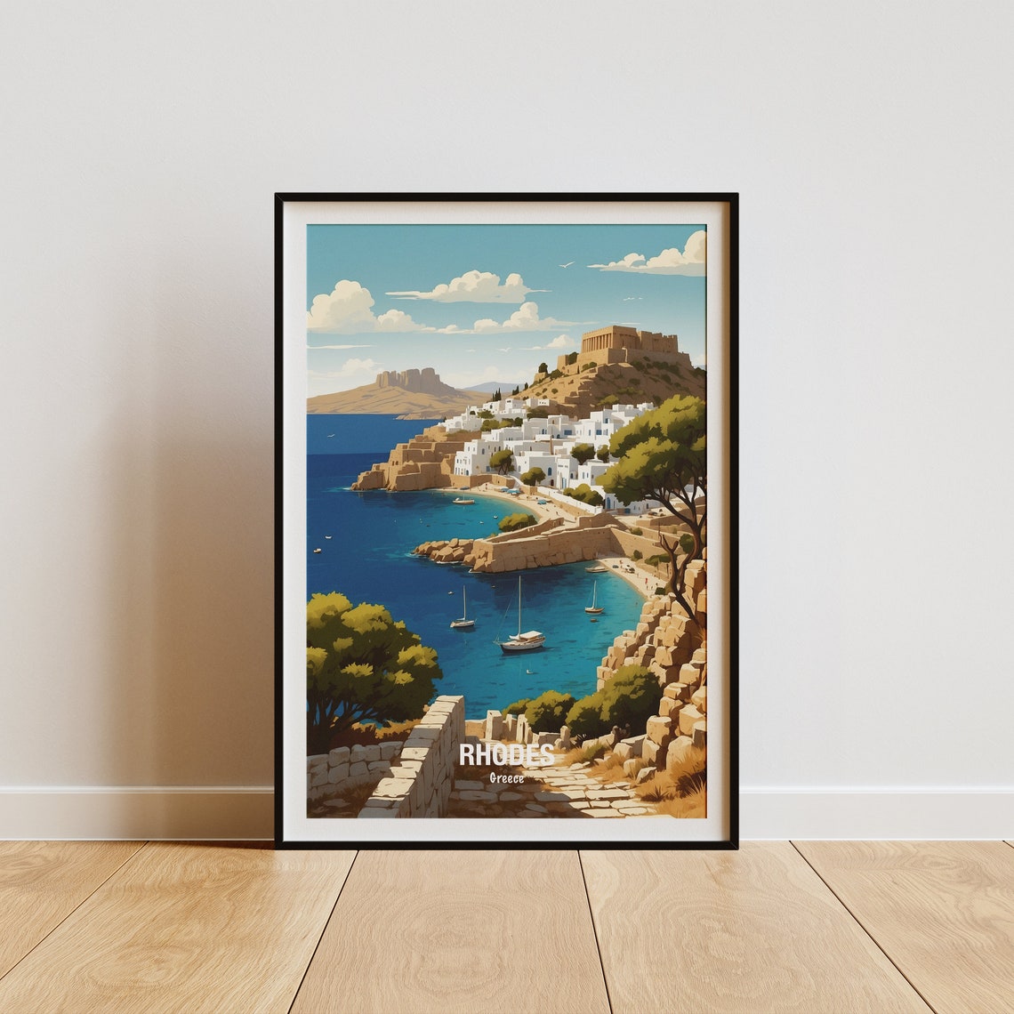 Rhodes Greece White Old Town With Harbor Fortress Above The Bay Poster