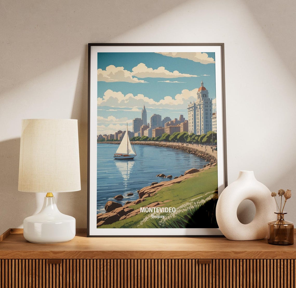 Montevideo Uruguay Waterfront Skyline Sailboat Rambla View Poster - Image 3