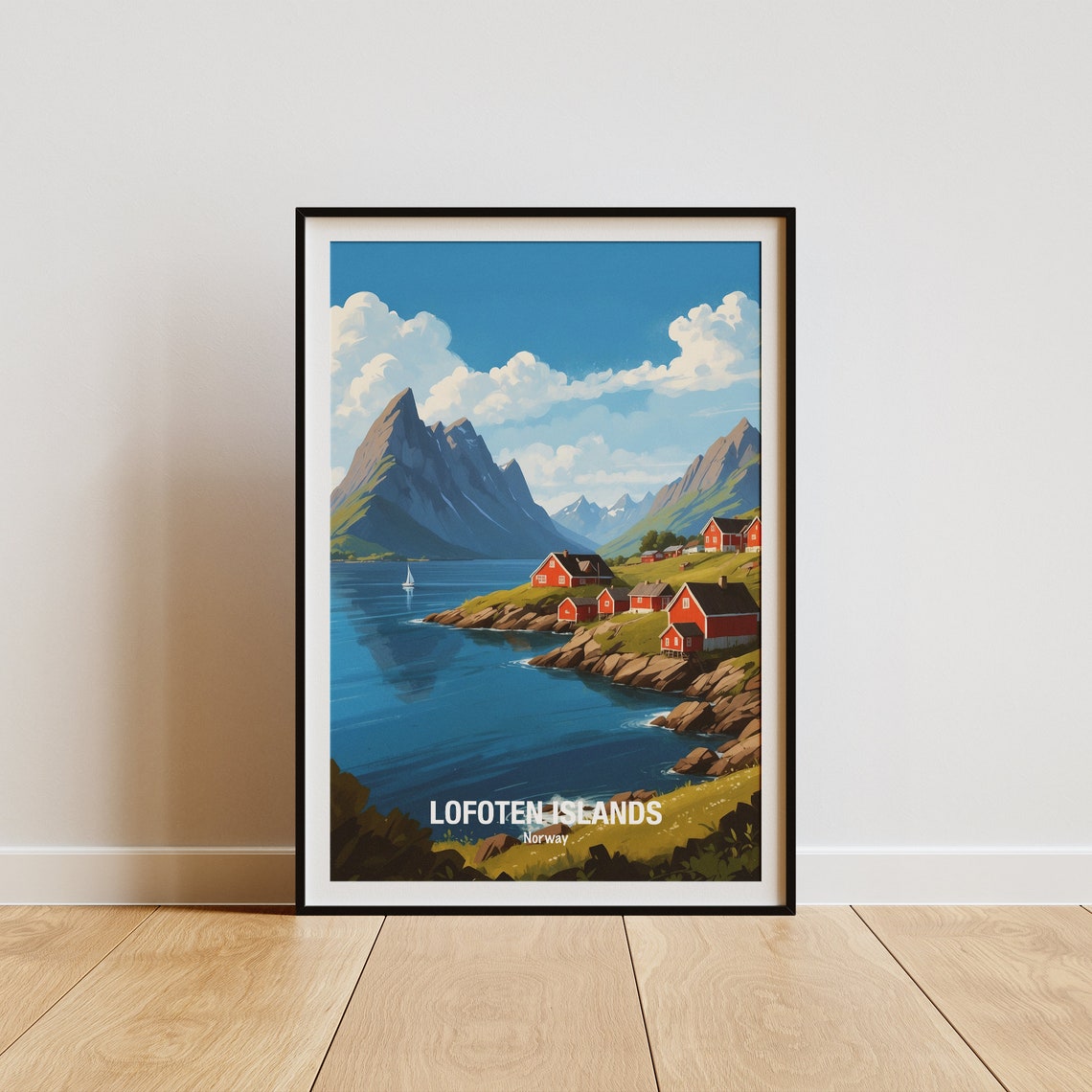 Lofoten Islands Norway Red Cabins Mountain Fjord Village Poster